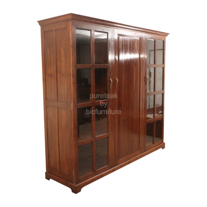 Teak wood 3 door wardrobe with centre wooden panel 2 glass doors
