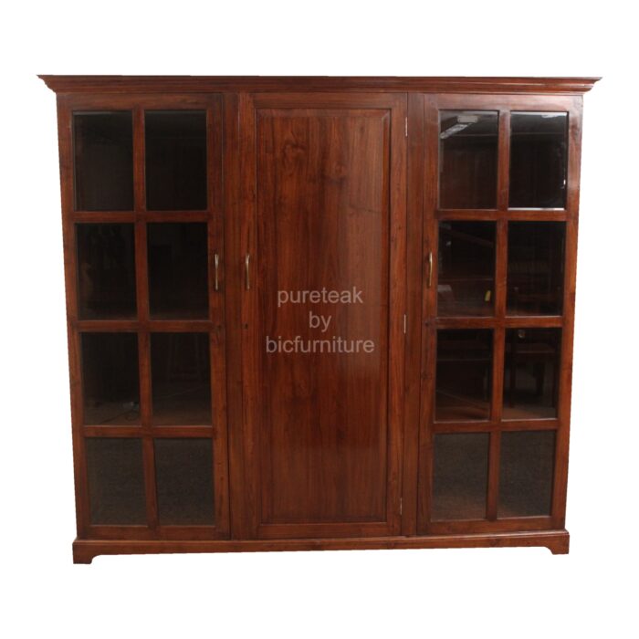 Teak wood 3 door wardrobe with centre wooden panel 2 glass doors made to order
