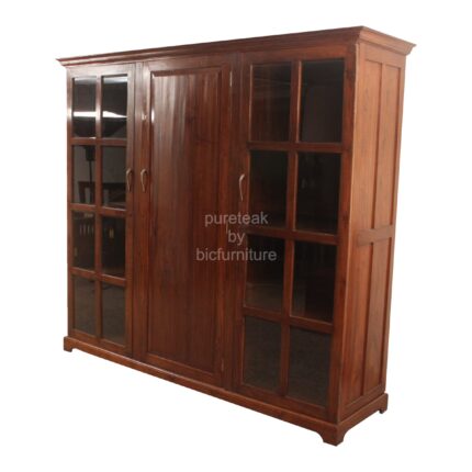 solid wood 3 door wardrobe with centre wooden panel 2 glass doors