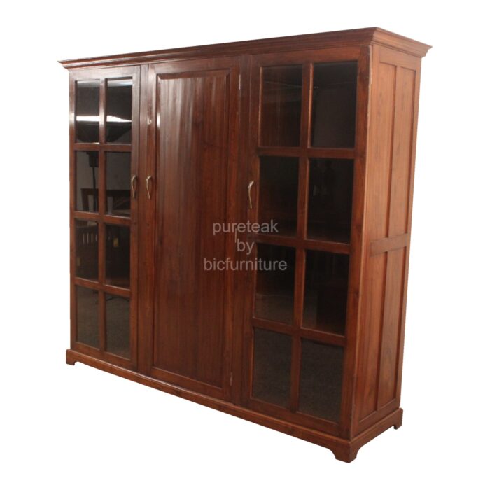 solid wood 3 door wardrobe with centre wooden panel 2 glass doors