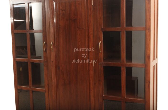 solid wood 3 door wardrobe with centre wooden panel 2 glass doors knock down