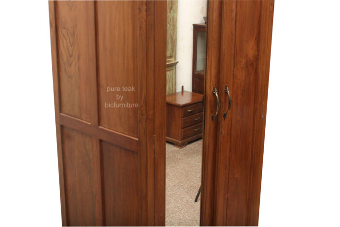 Pure teak wood wardrobe with mirror door1