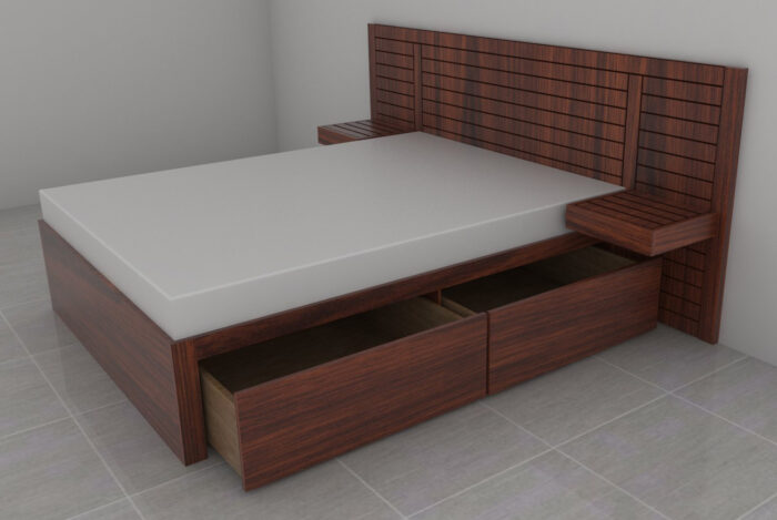 teak veneer original bedroom set design cot with storage bedside shelf