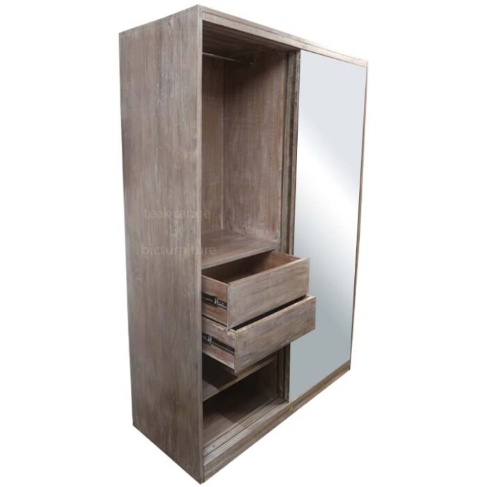wooden 2 door sliding wardrobe teakwood with drawers