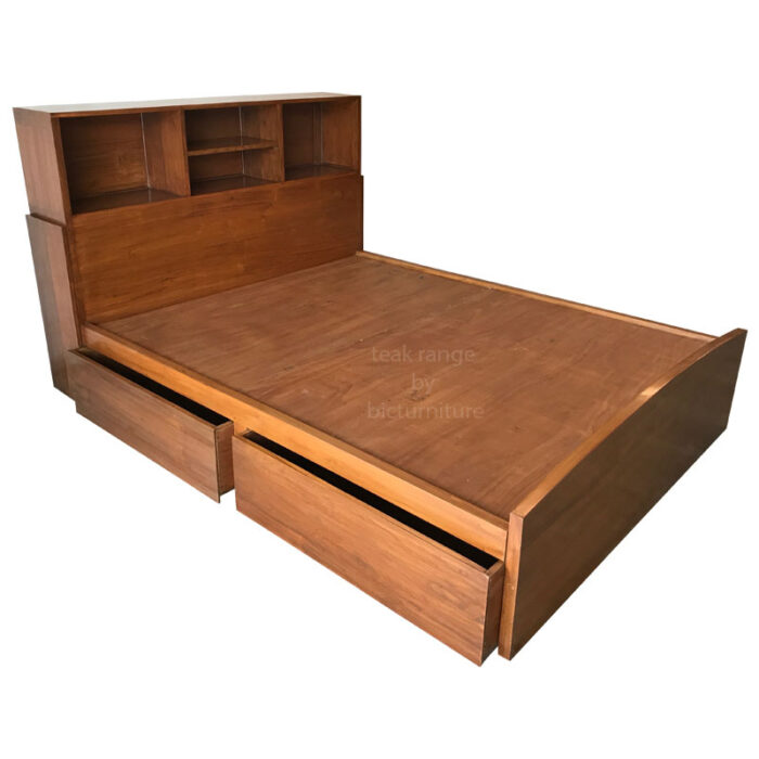 wooden bed with headboard storage