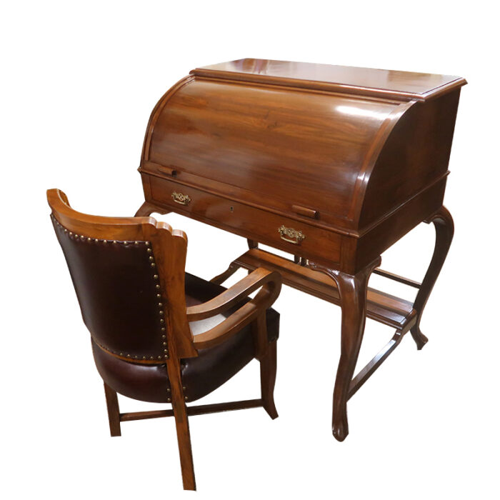 Teakwood roll top writing desk with laptop tray with chair