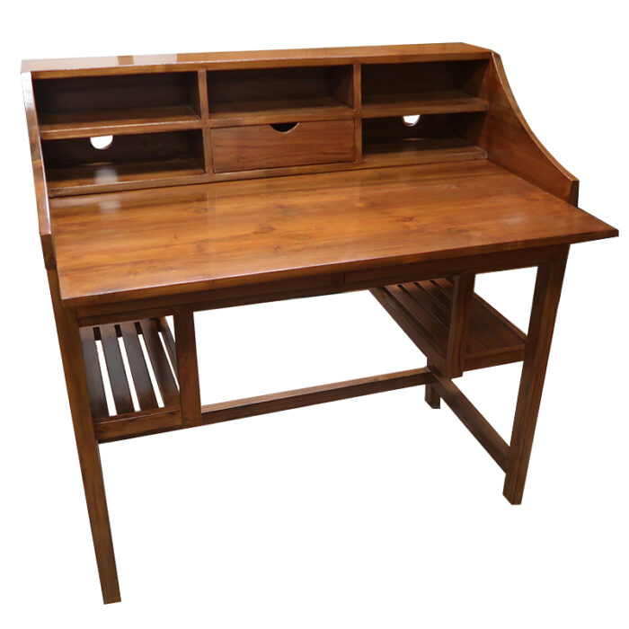 Teakwood writing table modern design with laptop tray with storage shelves