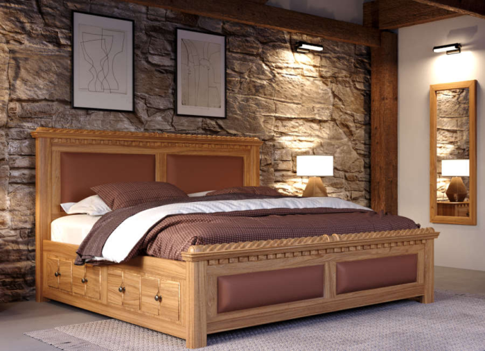 Solid Oakwood Bed With Leather Panels To The Head And Footboard 2