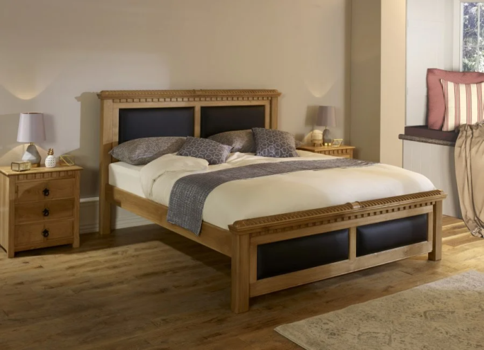Solid Oakwood Bed With Leather Panels To The Head And Footboard 6